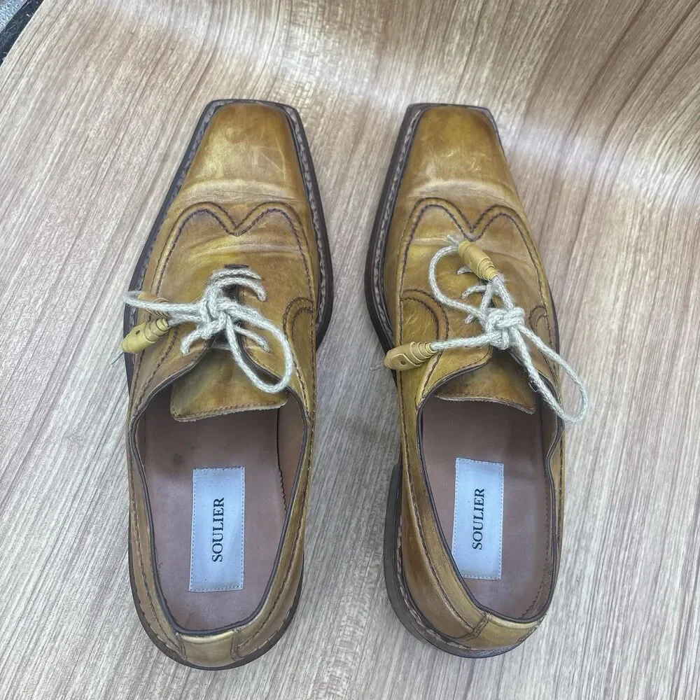 Soulier Men’s Dress Oxford Square Toe Leather Yellow Brown Italy EU 43 / Mens 10